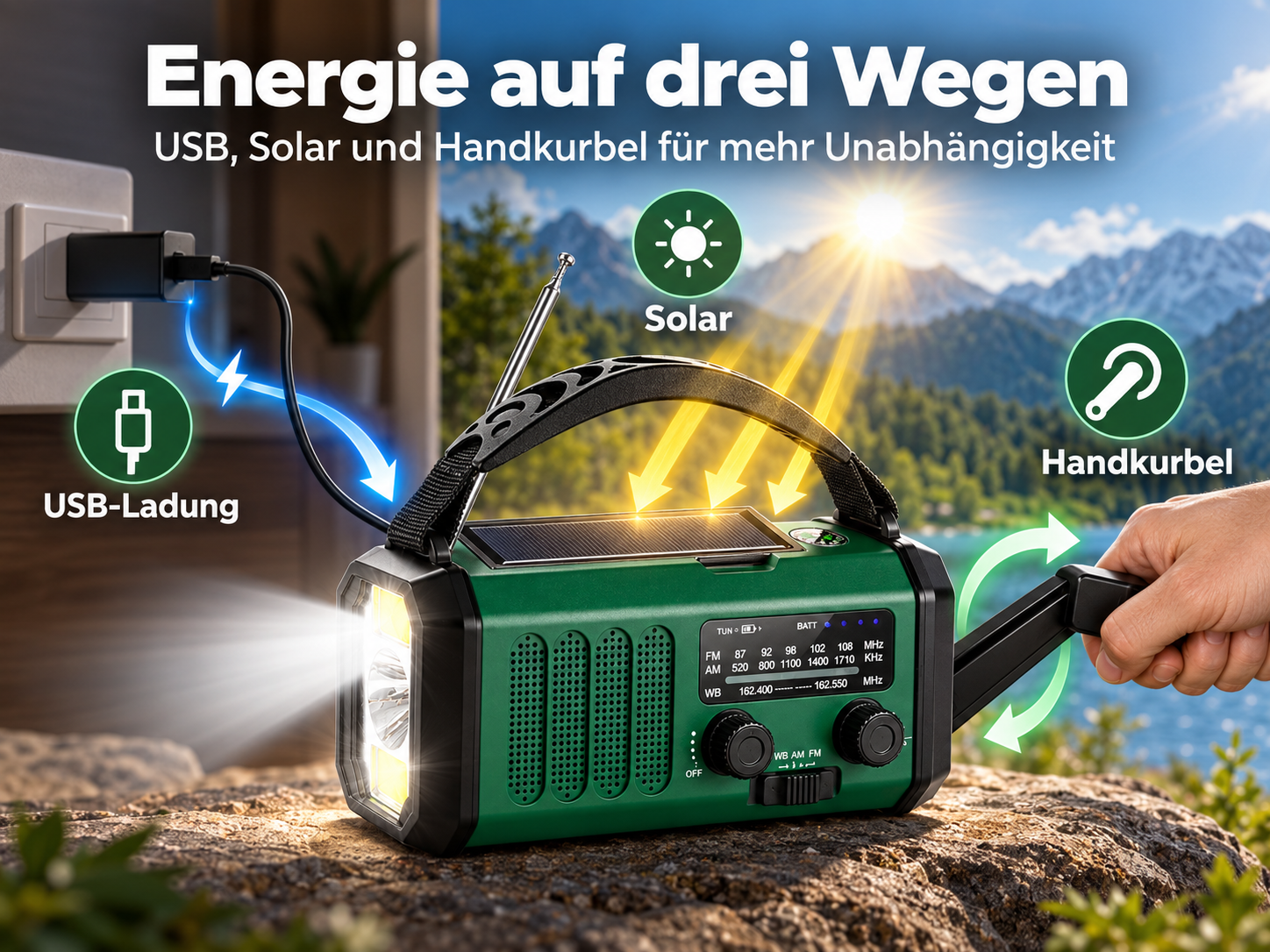 Grünes Notfallradio auf Stein mit USB, Solar und Handkurbel vor Berglandschaft.