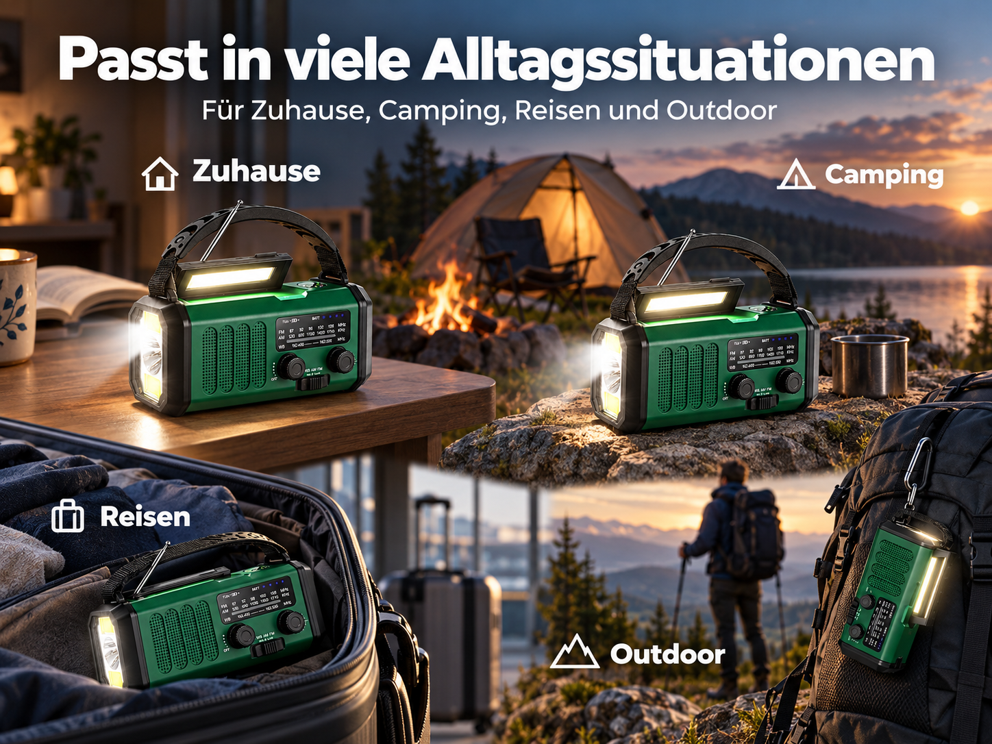 Grünes Multifunktionsradio mit Lampe für Zuhause, Camping und Outdoor in vier verschiedenen Szenen.
