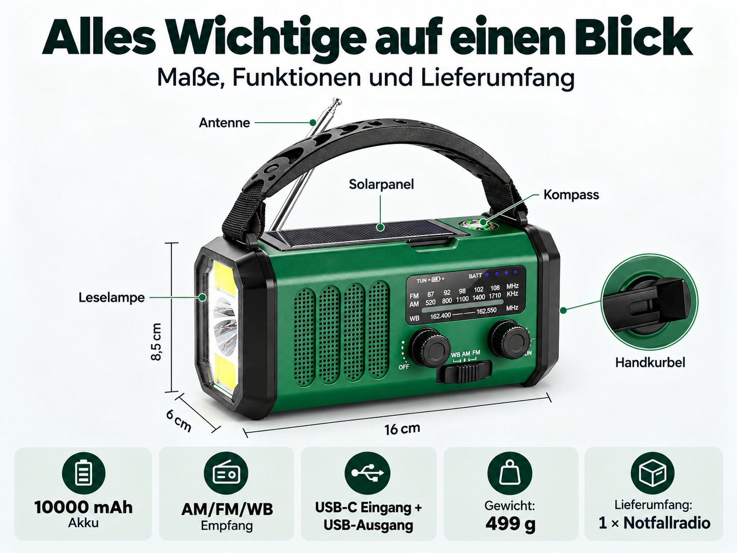 Ein grünes Notfallradio mit eingebauter Taschenlampe, Solarpanel, Kompass und Handkurbel sowie Funktionsbeschriftungen.