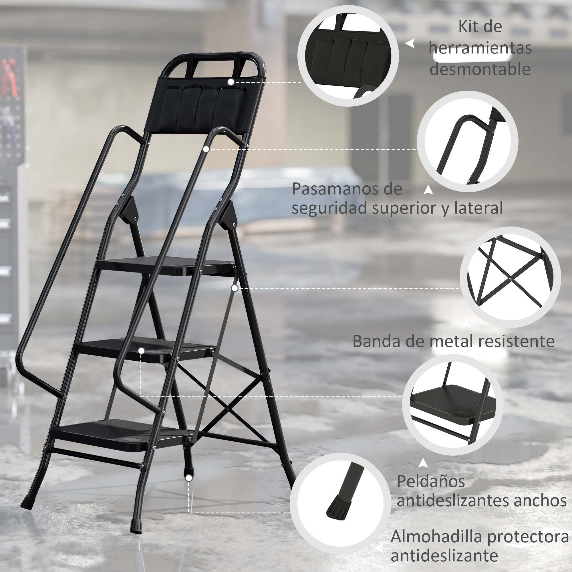 Escalera de seguridad negra con pasamanos, peldaños anchos y bolsa de herramientas, con detalles circulares.