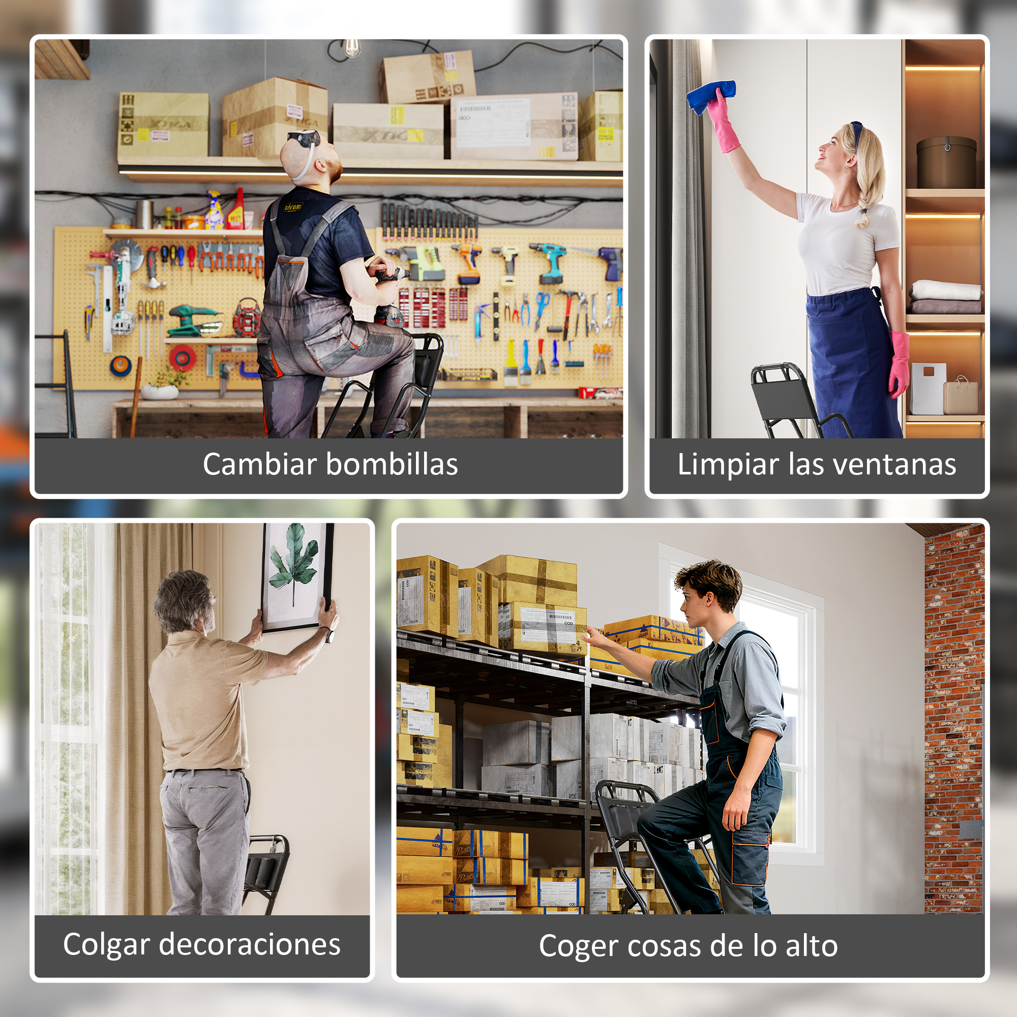 Cuatro imágenes muestran tareas en un taburete: cambiar bombilla, limpiar ventana, colgar decoración, coger objetos.