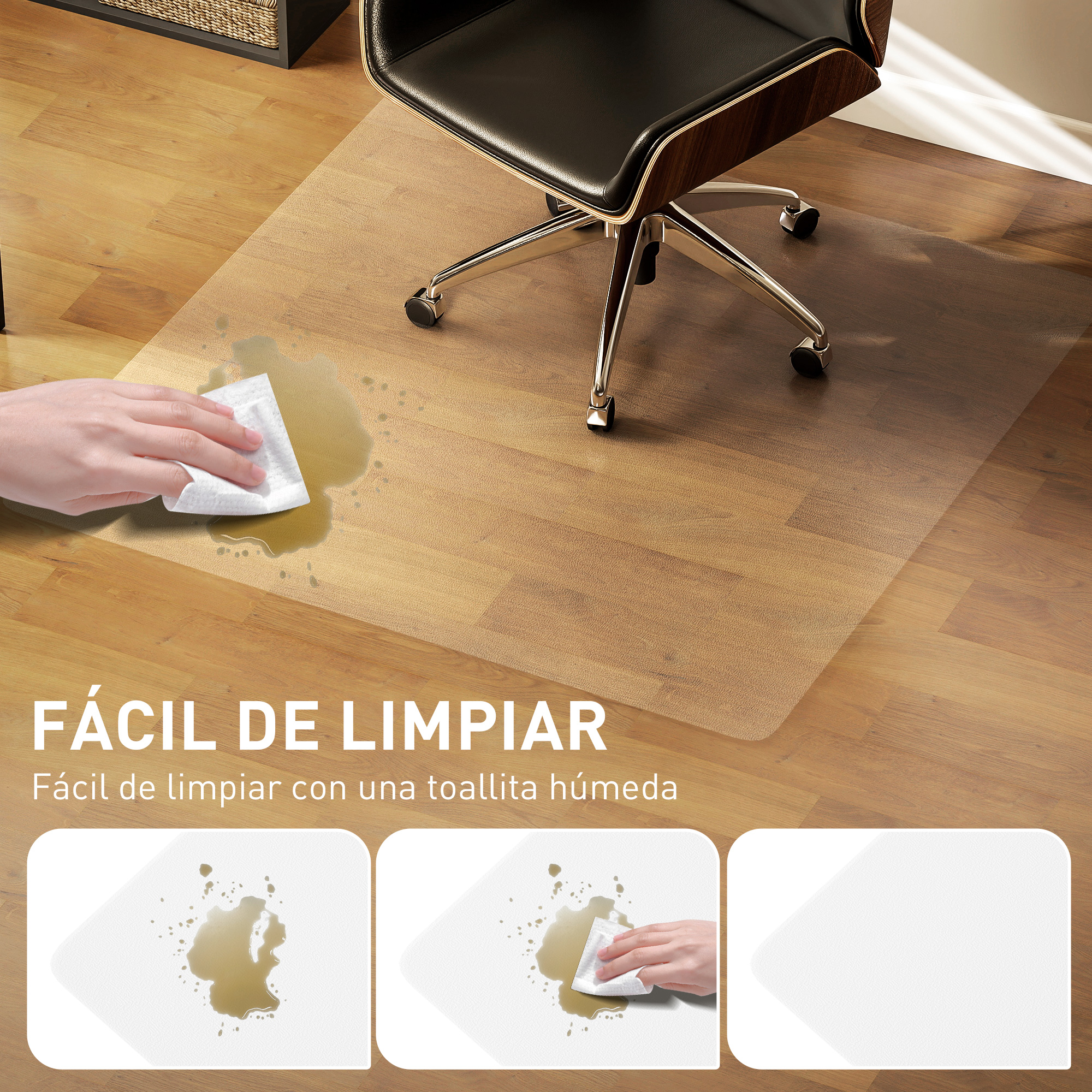 Una mano limpia un derrame en una alfombrilla transparente bajo una silla.