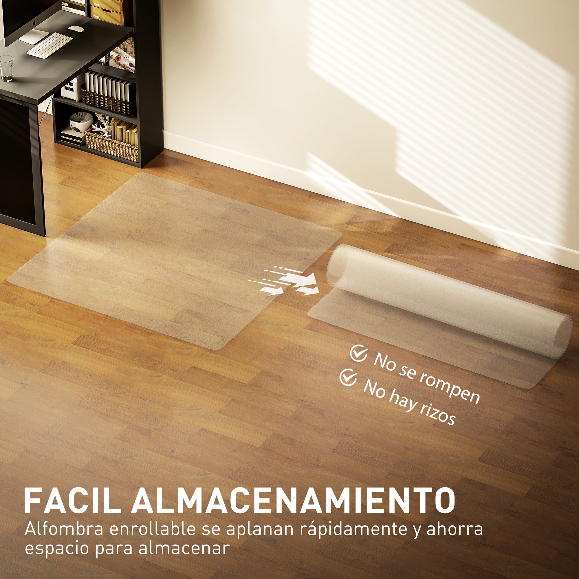 Un protector de suelo transparente se desenrolla en suelo de madera, con texto sobre fácil almacenamiento.