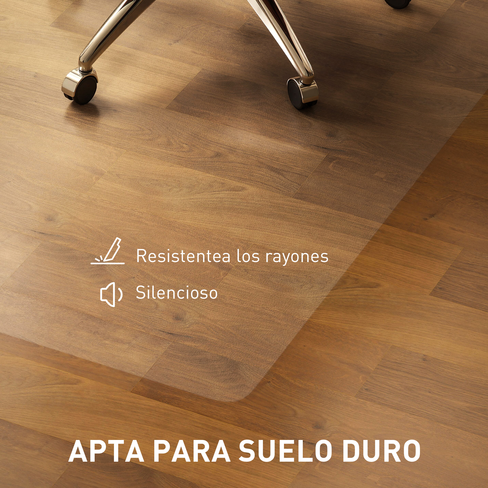 Esteras transparentes de proteccion para suelo de madera bajo silla, con texto en espanol.