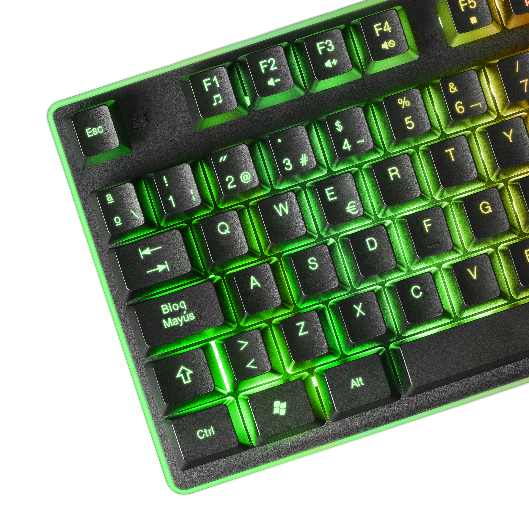 Teclado de juego negro con retroiluminación verde brillante y distribución QWERTY.