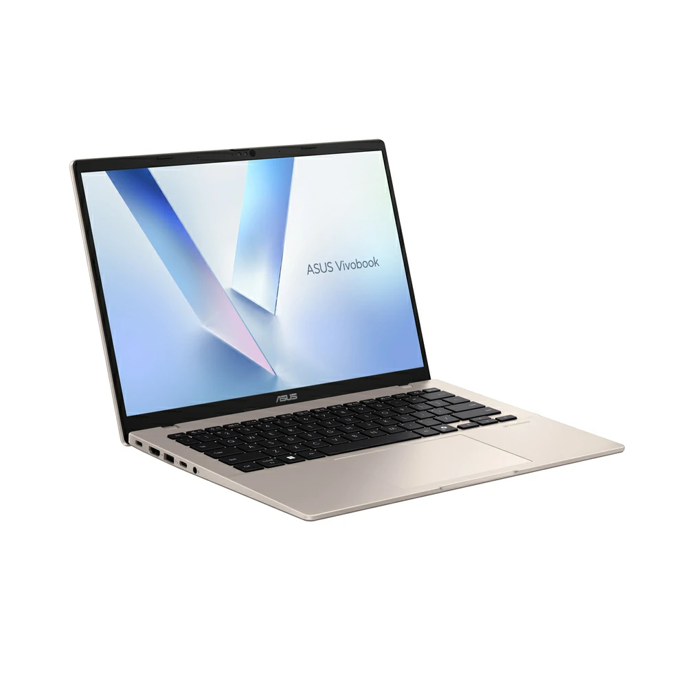 Un laptop Asus Vivobook dorato aperto su sfondo bianco con grafica dello schermo blu.