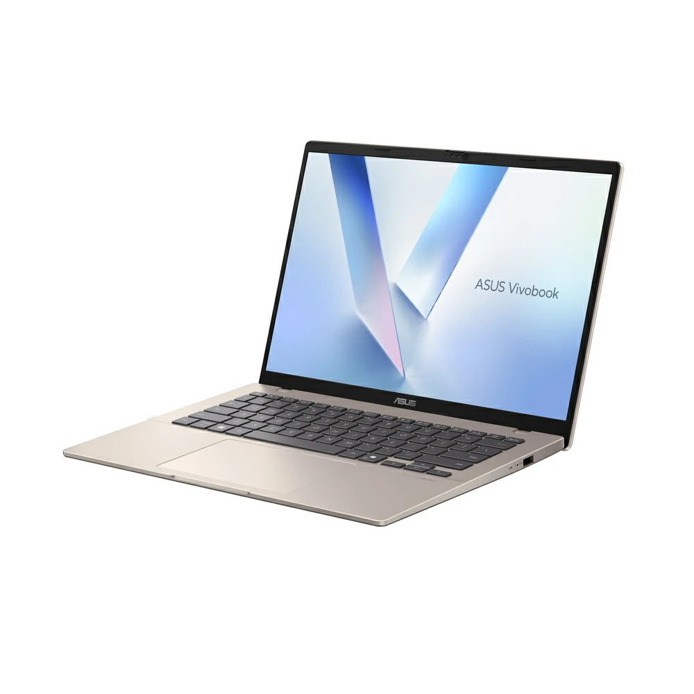 Un laptop Asus Vivobook oro rosa aperto con tastiera nera e sfondo astratto azzurro sullo schermo.