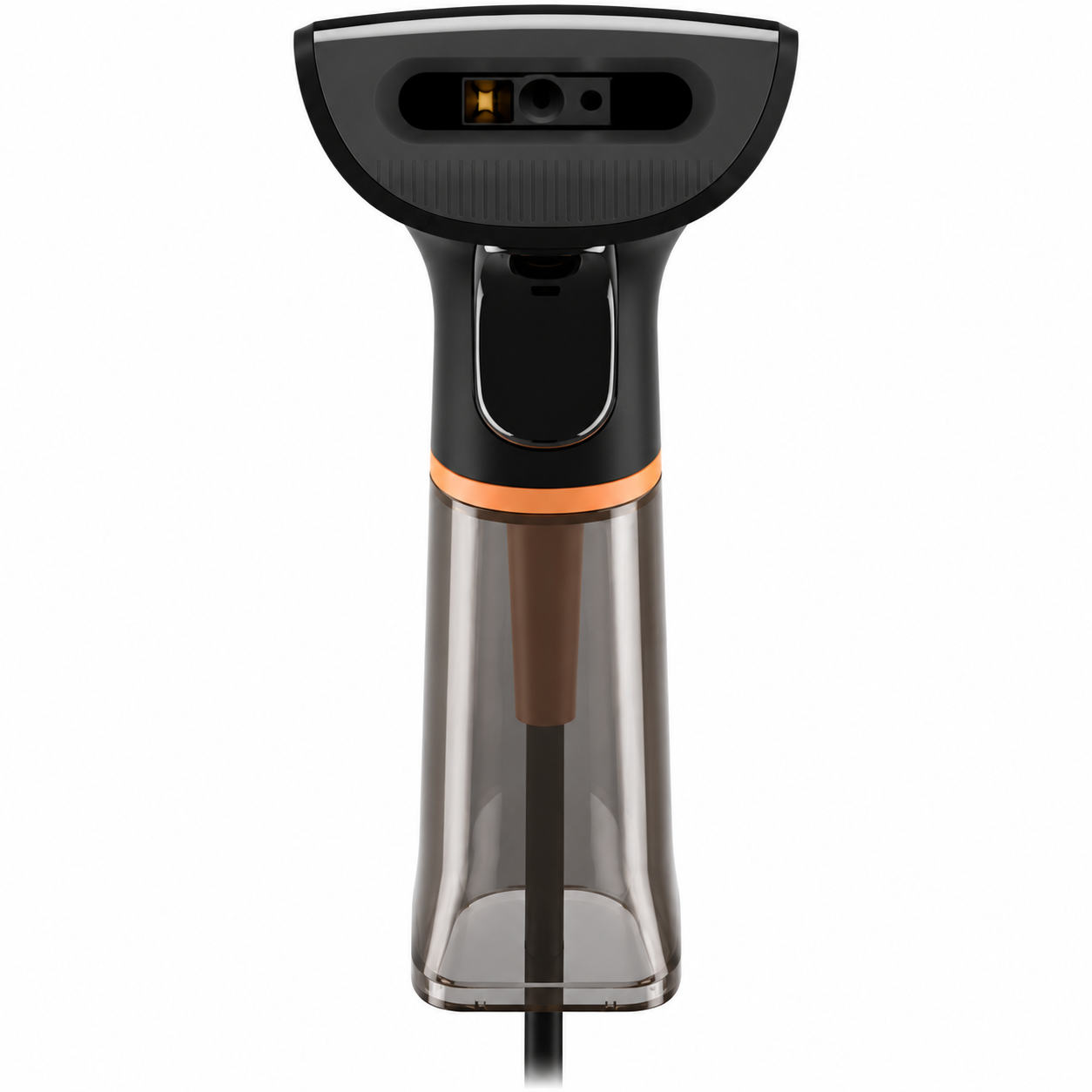 Un vaporizzatore per indumenti portatile nero e arancione con serbatoio trasparente, su sfondo bianco.