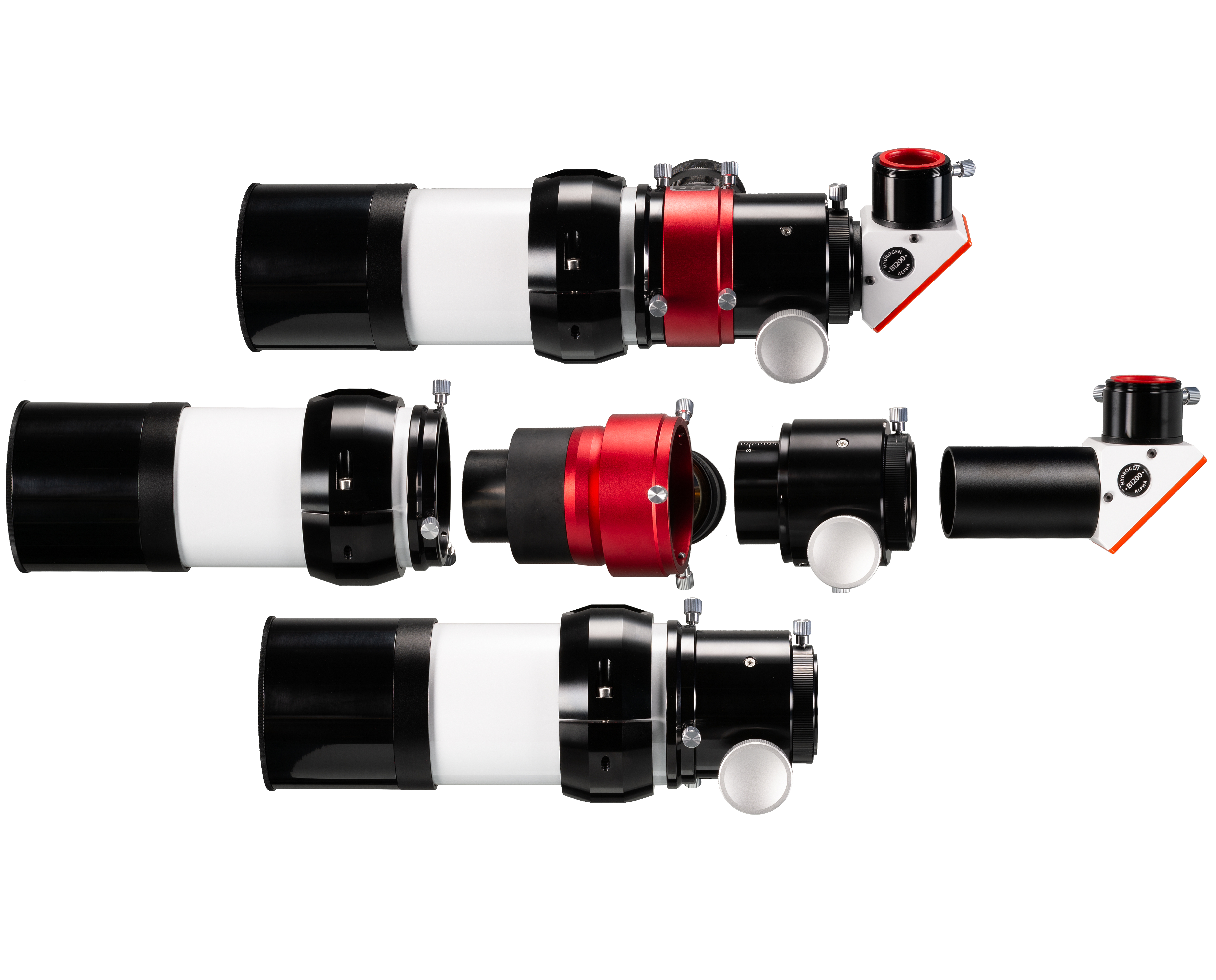 Un telescopio blanco y negro con detalles rojos, mostrado completamente ensamblado y en piezas.
