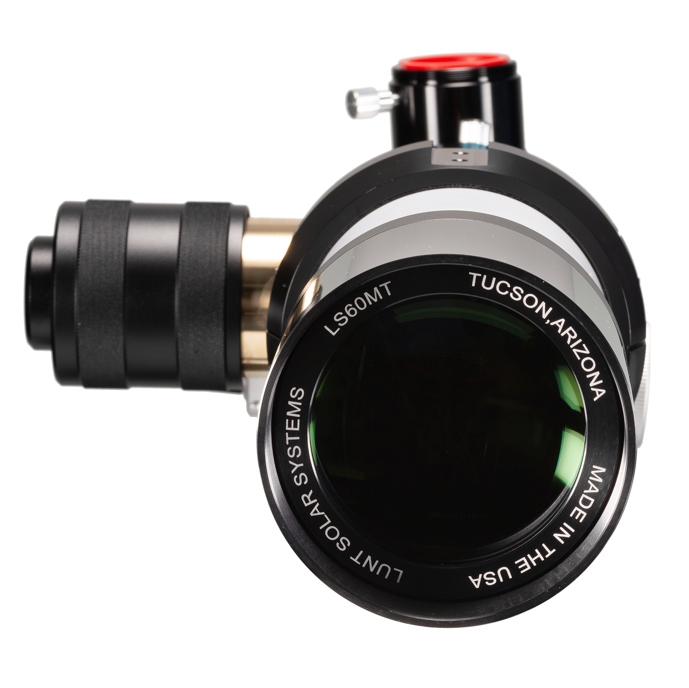 Telescopio negro Lunt Solar Systems LS60MT con lente verde y tapa roja sobre fondo blanco.