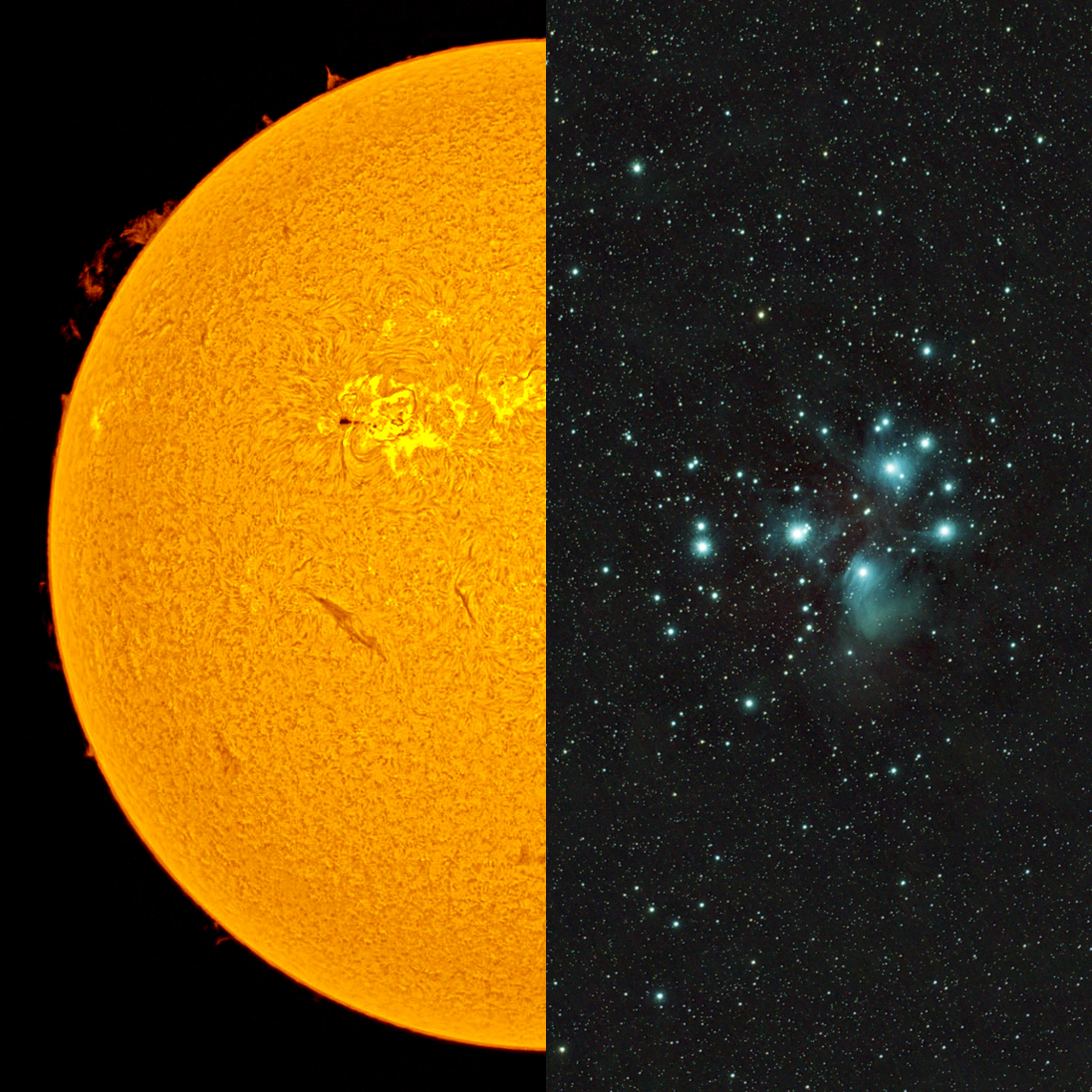 Una vista dividida que muestra el Sol naranja brillante a la izquierda y un cielo estrellado con las Pléyades a la derecha.