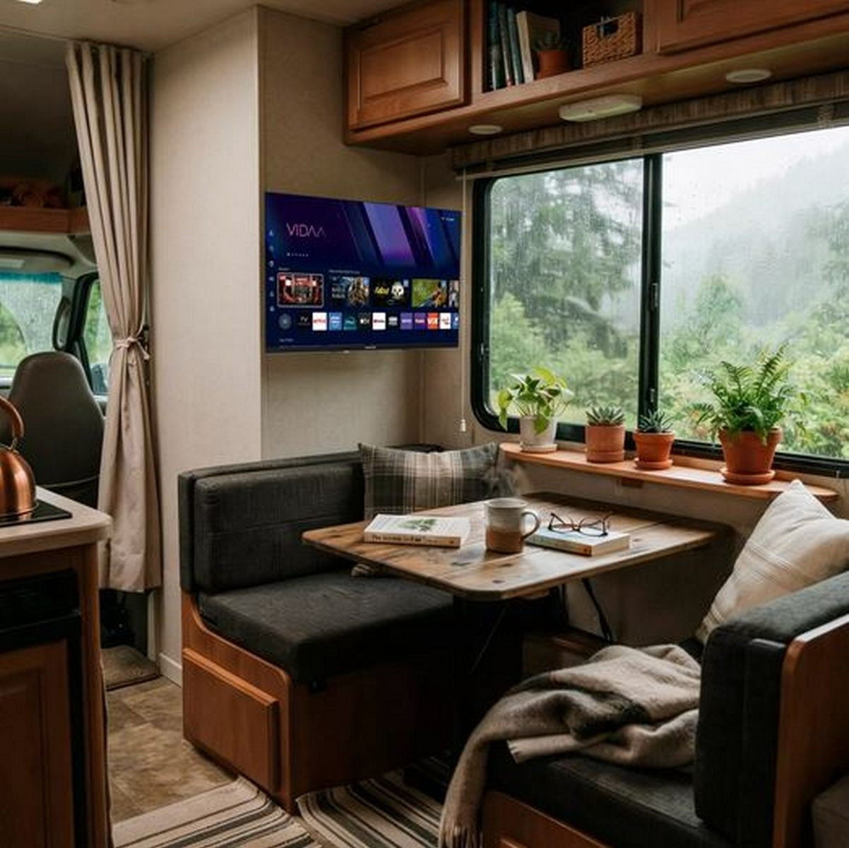 Acogedor rincón de comedor en autocaravana con mesa de madera, plantas, televisión y vista a un bosque lluvioso.