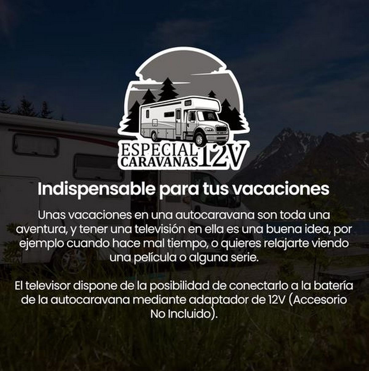 Un anuncio de televisores de 12V para autocaravanas con texto en español sobre un fondo borroso.