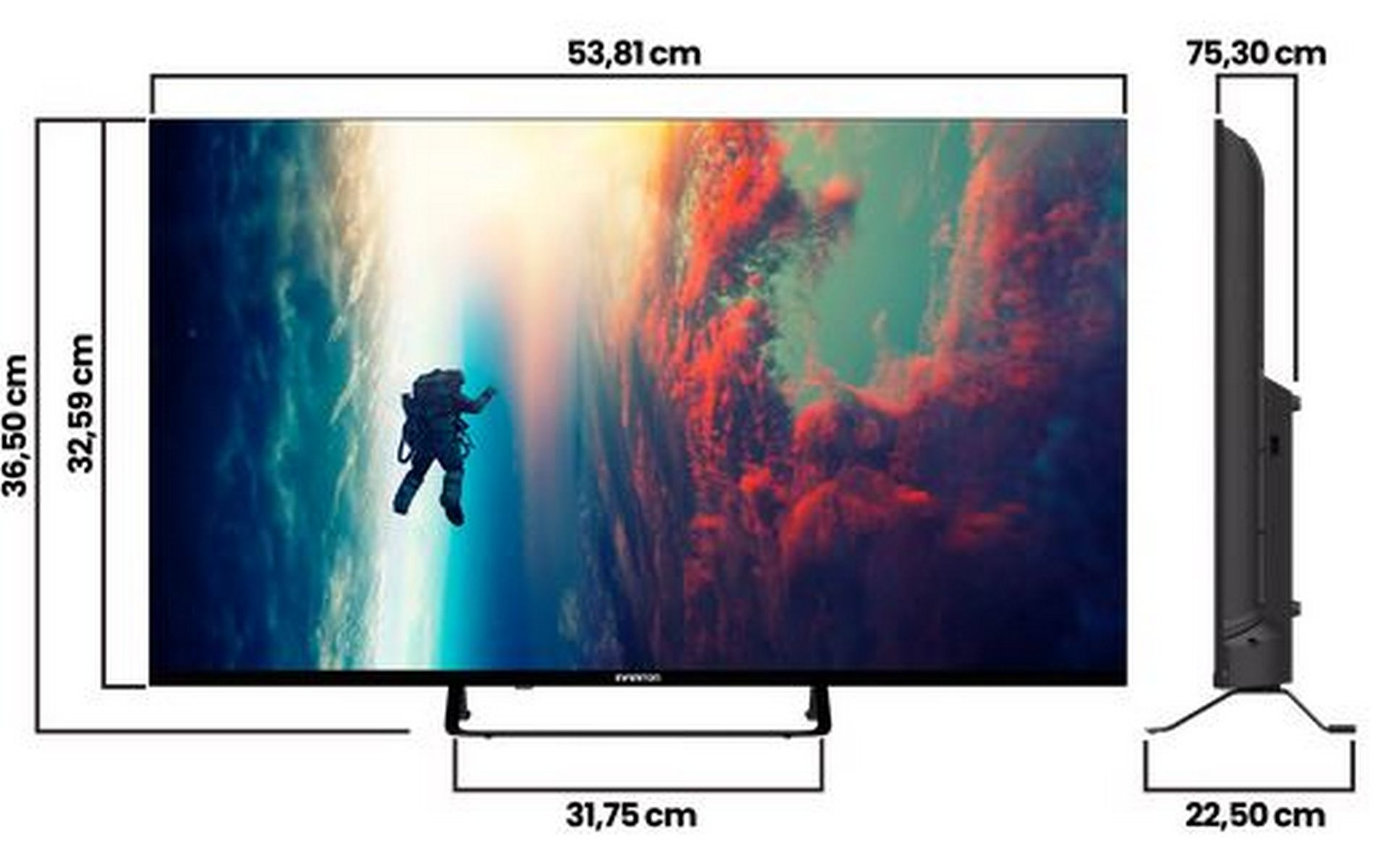 Diagrama técnico de un televisor que muestra un astronauta en pantalla, con dimensiones precisas indicadas.