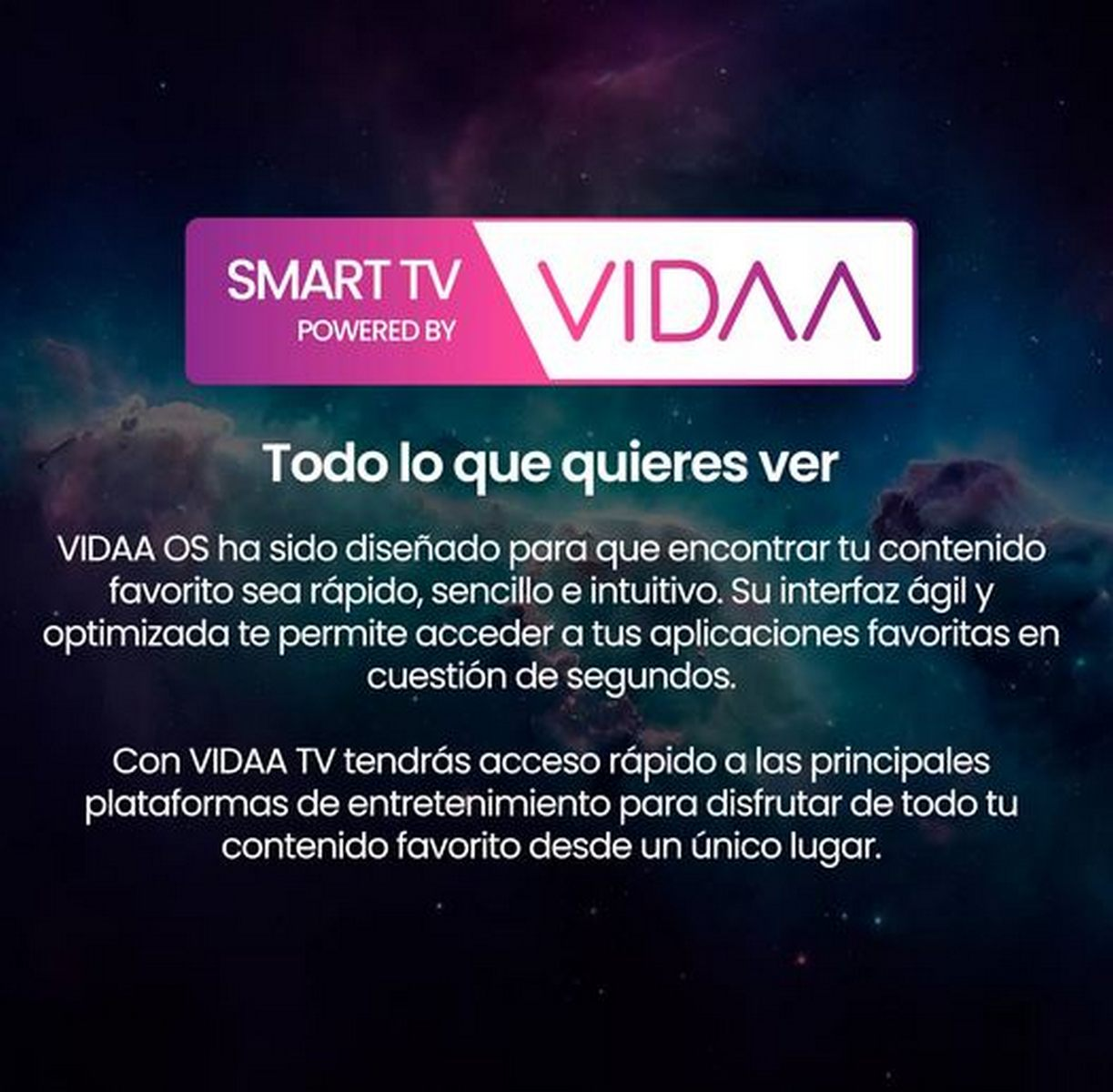 Logotipo de Smart TV powered by VIDAA con texto en español sobre el SO en un fondo oscuro.