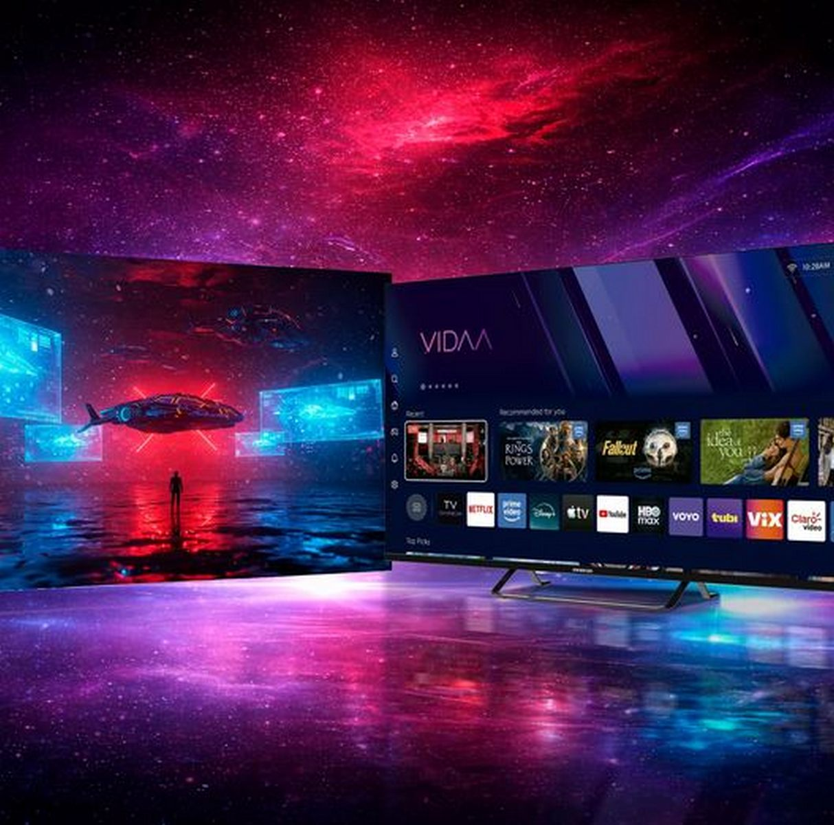 Dos televisores muestran escenas coloridas en una habitación magenta y azul con superficie brillante.