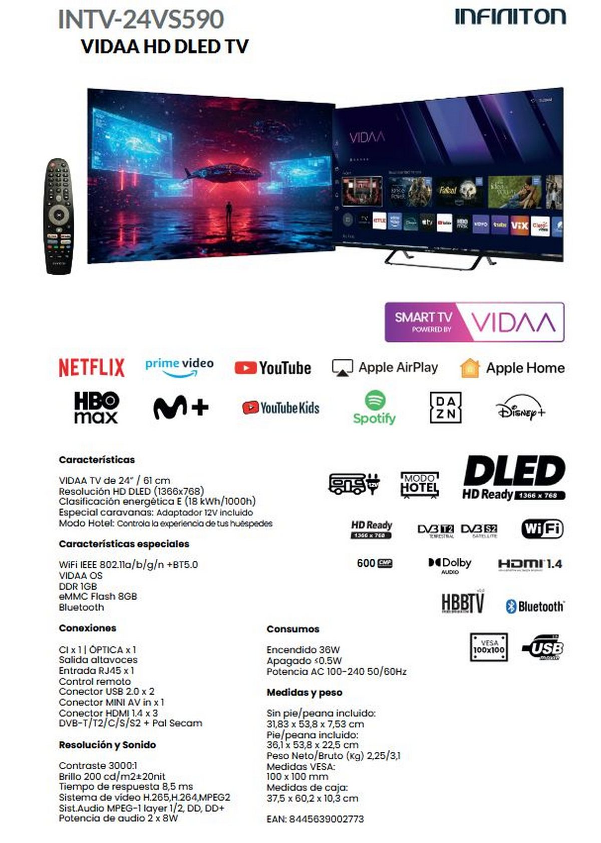 Ficha técnica del televisor Infiniton 24VS590 VIDAA HD DLED con especificaciones y características.