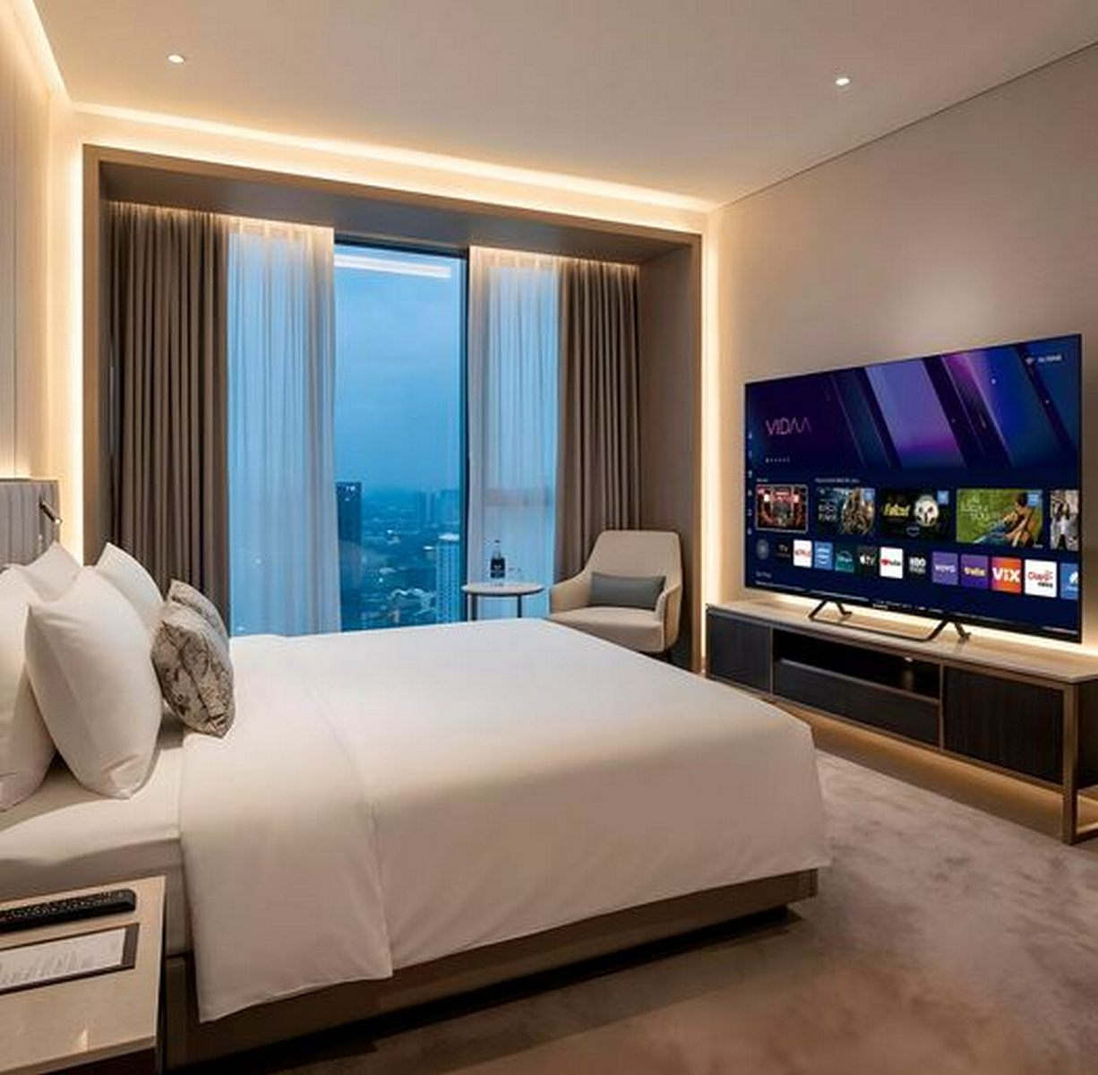Dormitorio de lujo moderno con una cama grande, televisor y vista a la ciudad por un ventanal.