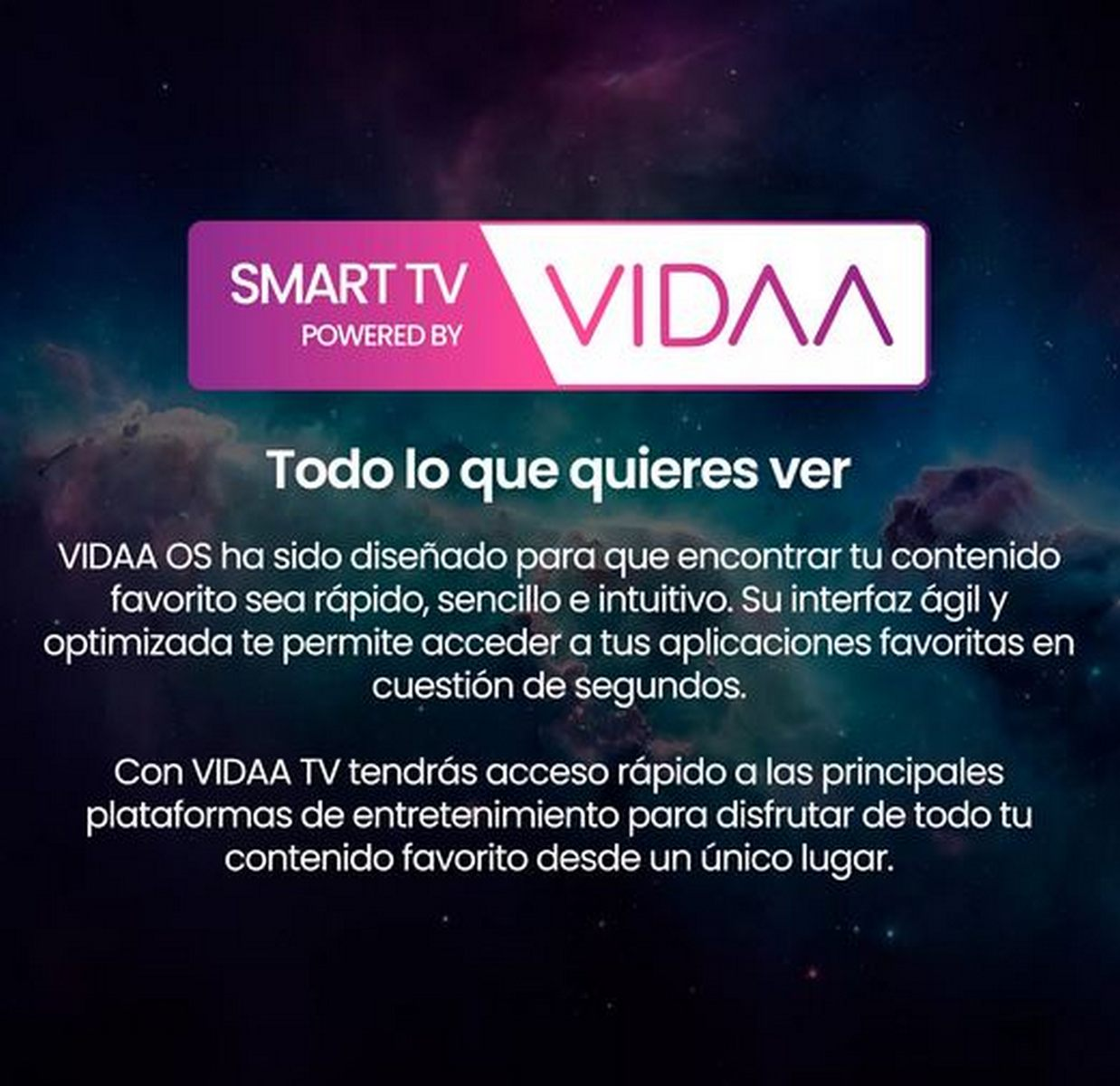 Logotipo de Smart TV powered by VIDAA sobre fondo oscuro con texto en español sobre el sistema operativo.