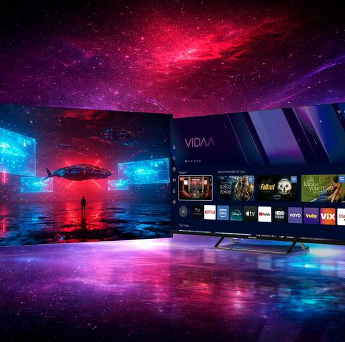 Un televisor inteligente muestra la interfaz VIDAA junto a una imagen de ciencia ficción sobre un fondo cósmico.