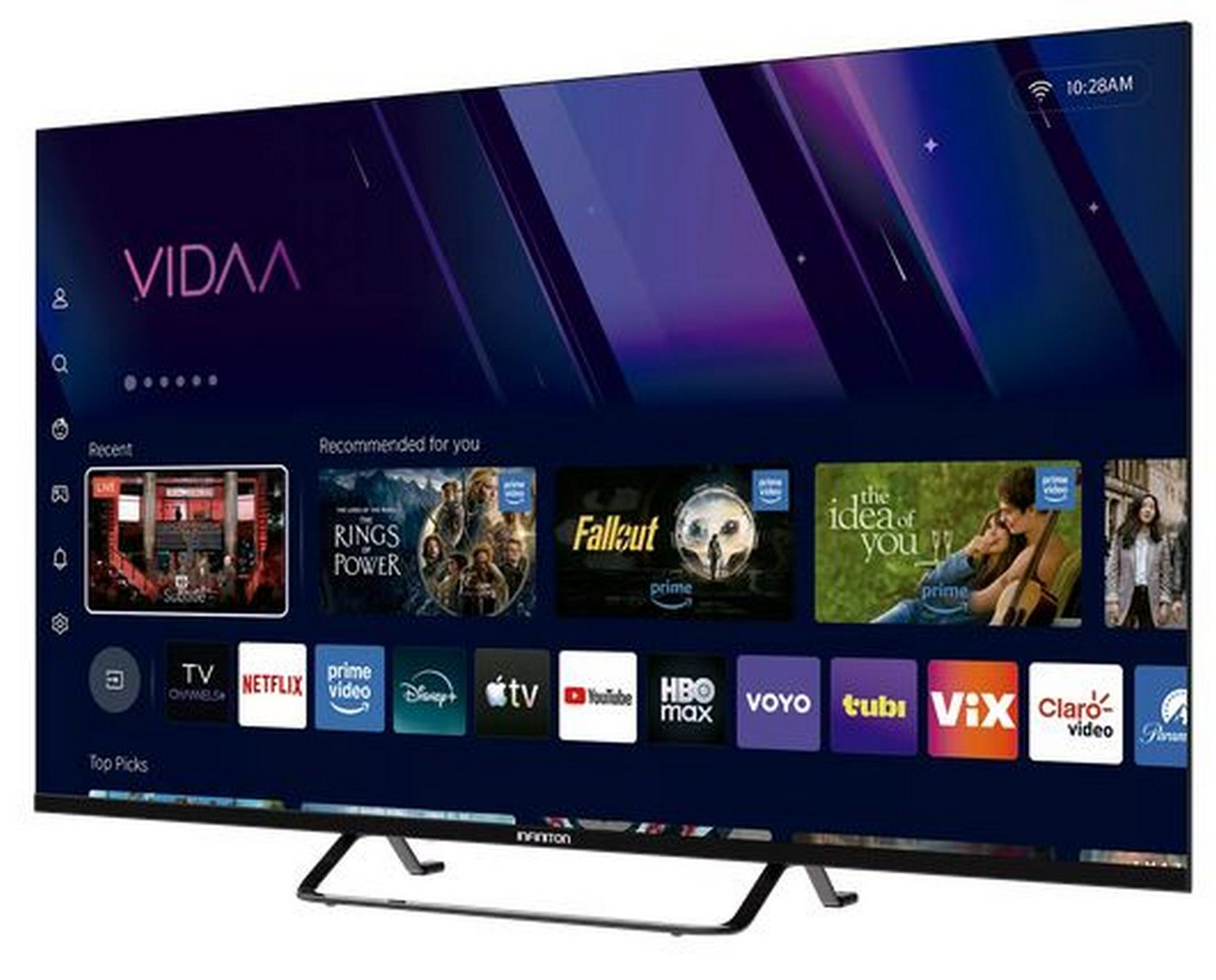 Un smart TV muestra la interfaz VIDAA con varios logotipos de aplicaciones de streaming y recomendaciones.
