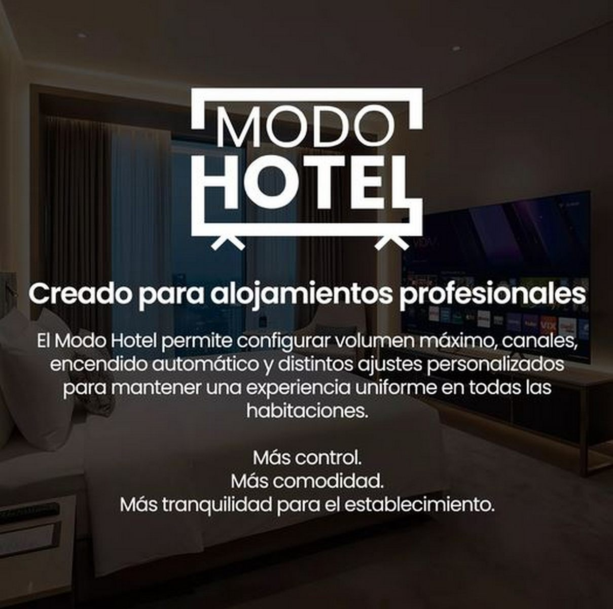 Habitación de hotel con cama y televisión, con el texto 'MODO HOTEL' y copy promocional.