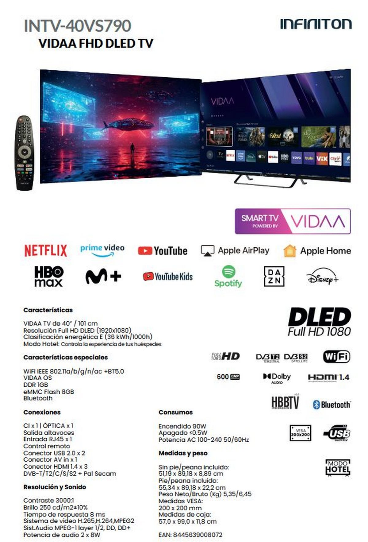 Ficha de producto del televisor Infiniton 40 pulgadas FHD DLED Smart TV con especificaciones y apps.