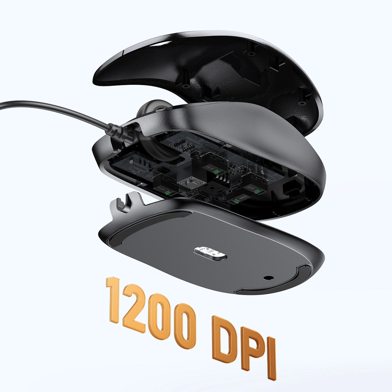 Vista explosionada de un ratón negro con cable y el texto 1200 DPI abajo.