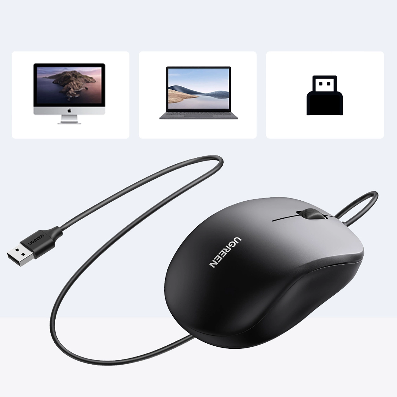 Ratón con cable UGREEN negro con conector USB e iconos de dispositivos compatibles arriba.