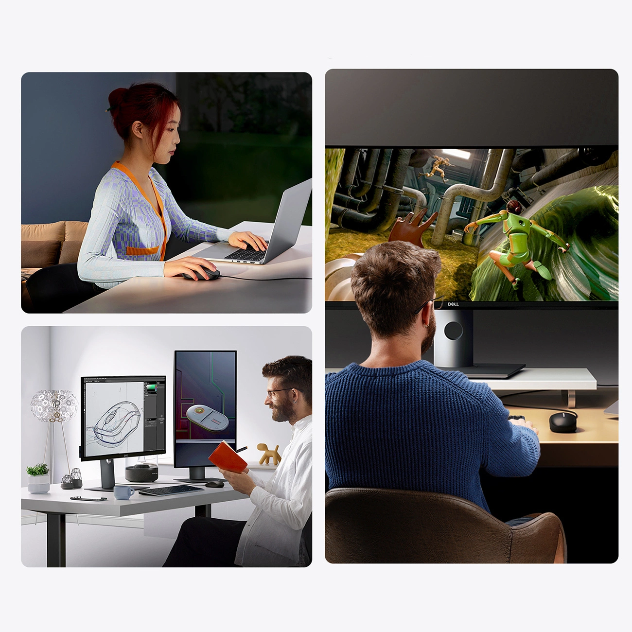 Collage que muestra a tres personas trabajando y jugando en diferentes ordenadores y monitores.