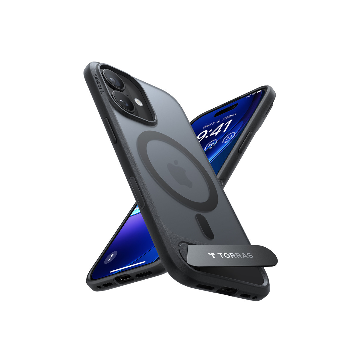 Beyaz arka planda koruyucu kılıflı ve entegre standlı iki siyah akıllı telefon.