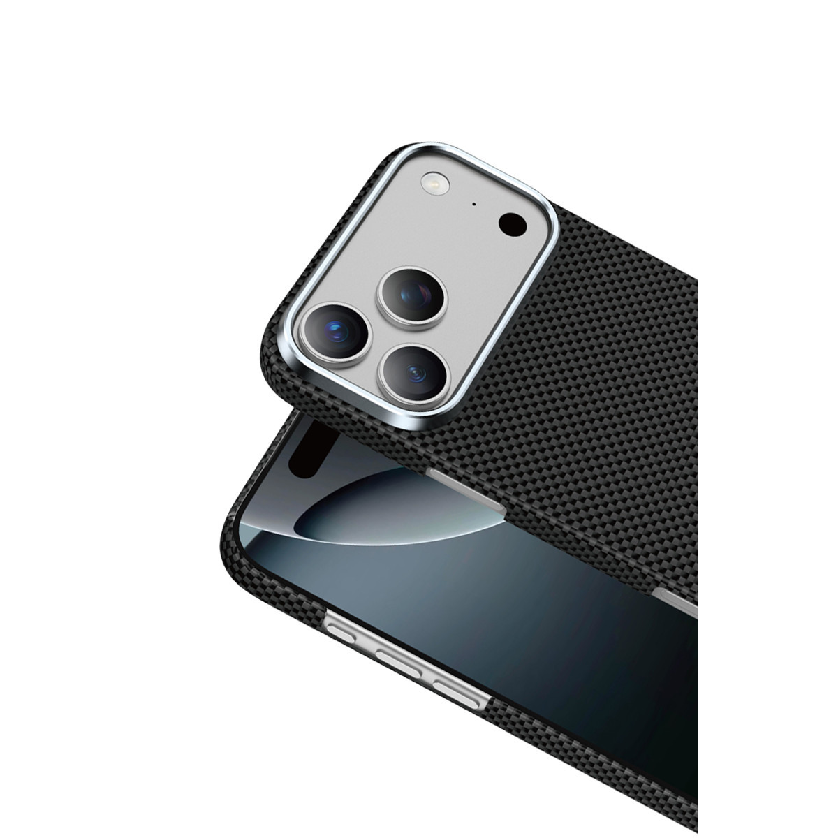 Siyah karbon desenli kılıflı, üç kamera lensli ve metal çerçeveli akıllı telefon, beyaz arka planda.