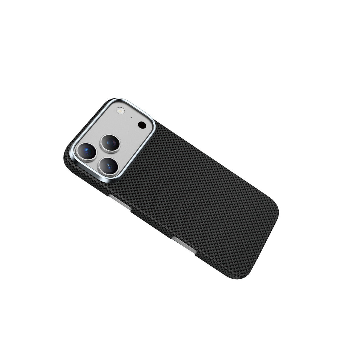 Siyah karbon fiber desenli kılıf içindeki bir akıllı telefon beyaz arka planda çapraz duruyor.