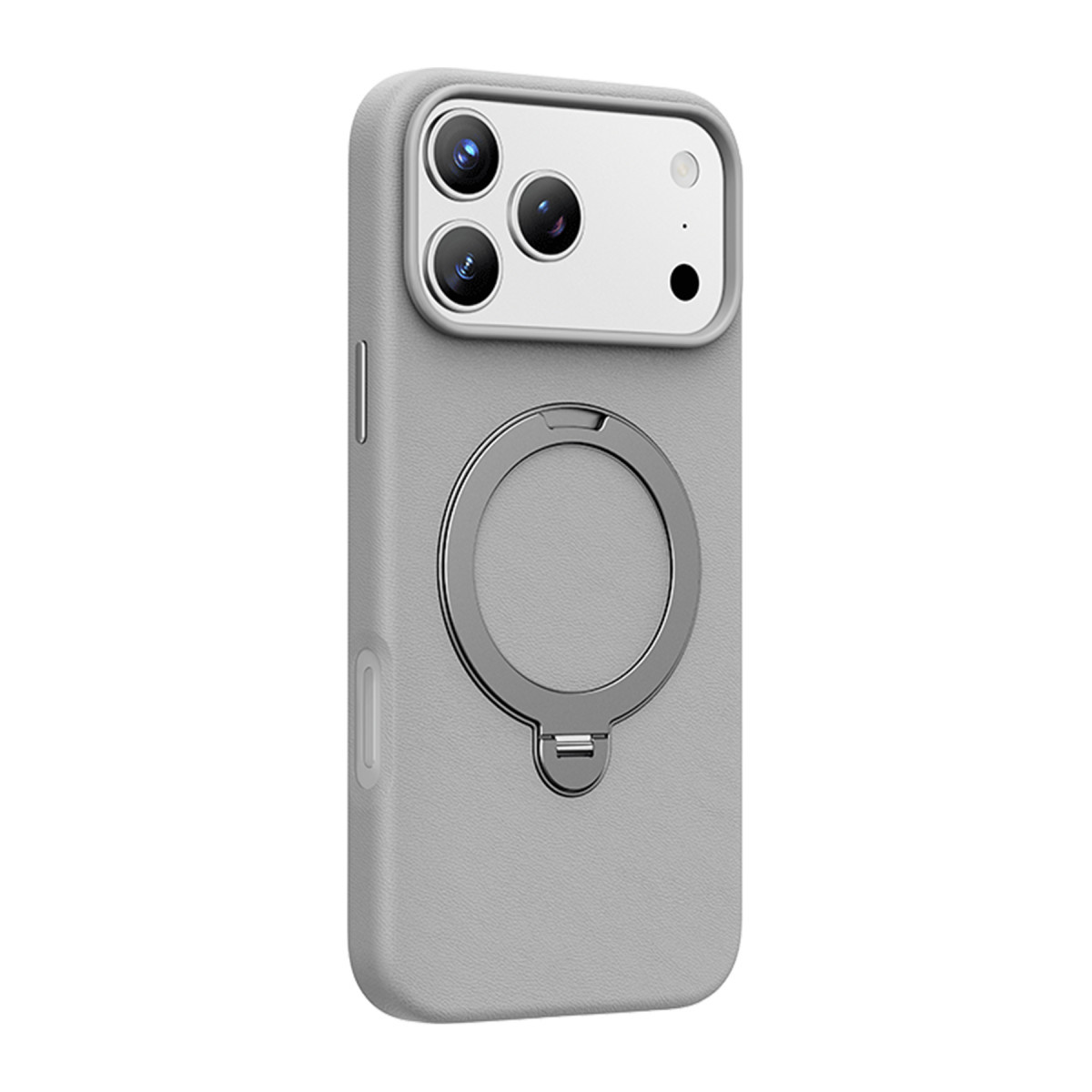 Arkasında entegre metal halka stant ve kamera modülü bulunan gri renkli akıllı telefon kılıfı.