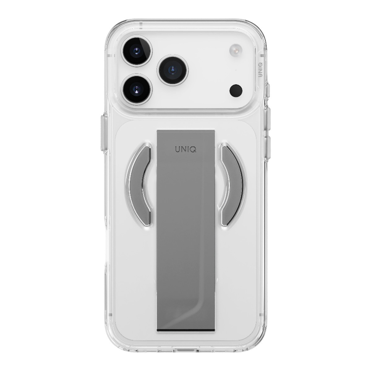 Arkasında entegre gri stand bulunan şeffaf telefon kılıfı.