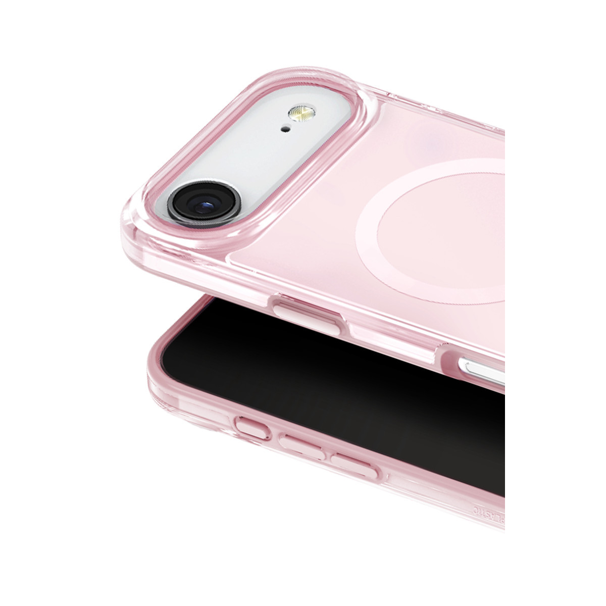 Pembe şeffaf bir telefon kılıfı, siyah ekranlı bir akıllı telefonun üzerinde duruyor.