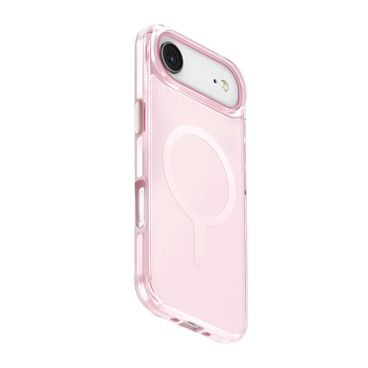 Beyaz arka planda MagSafe halkalı şeffaf pembe telefon kılıfı.
