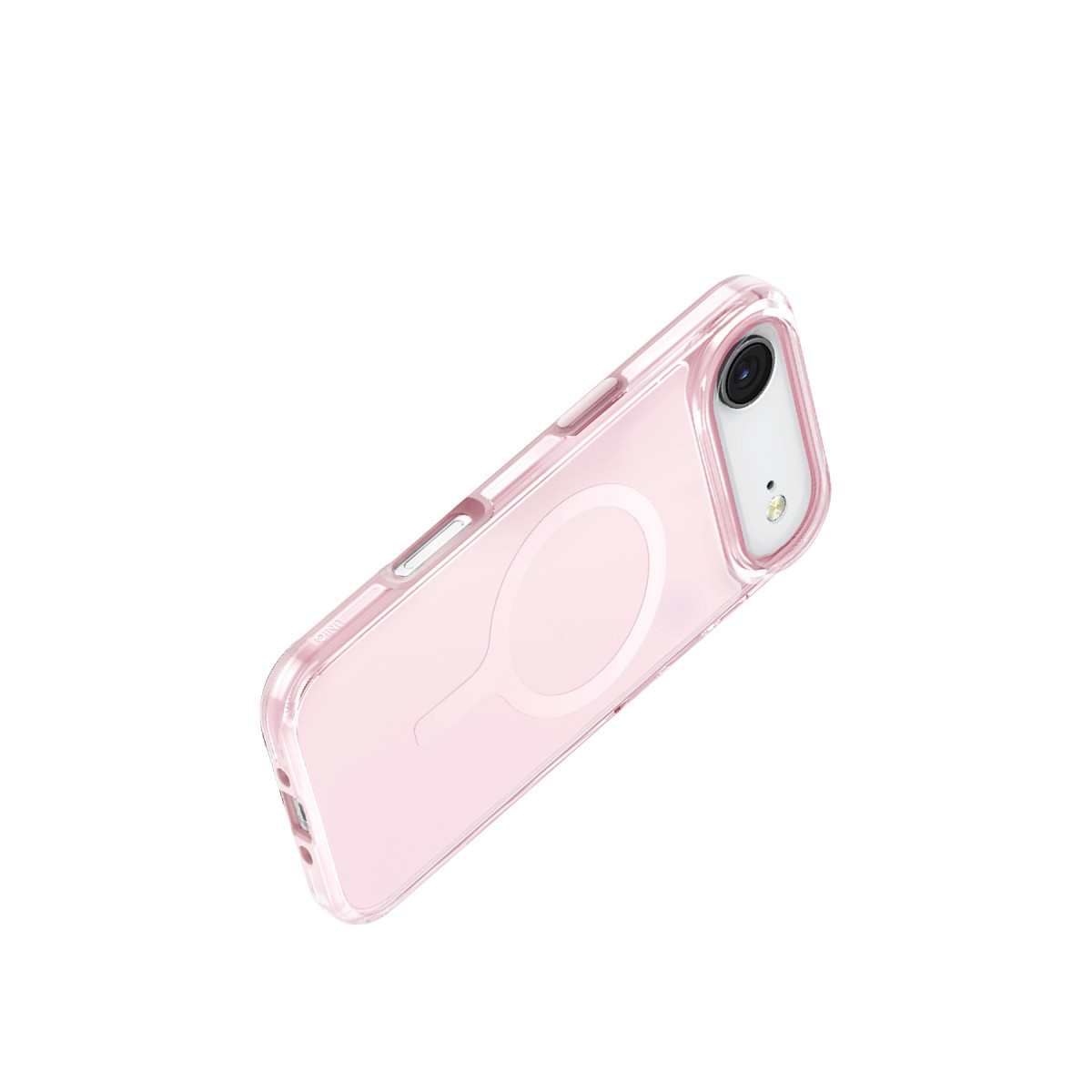 Arka tarafında dairesel mıknatıslı halka bulunan pembe akıllı telefon kılıfı, beyaz arka plan üzerinde.