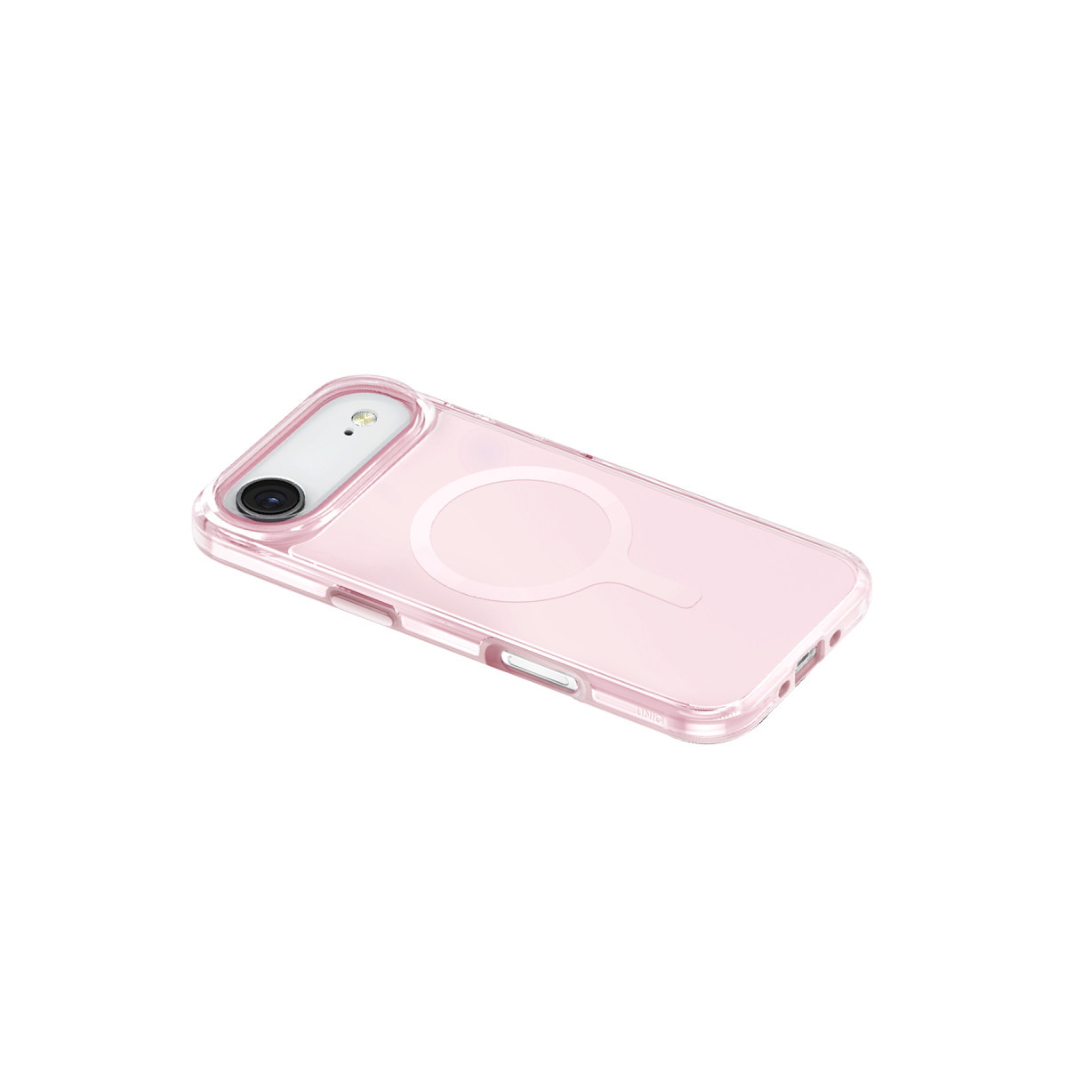 Arkasında MagSafe halkası olan pembe şeffaf telefon kılıfı, beyaz arka planda çapraz duruyor.