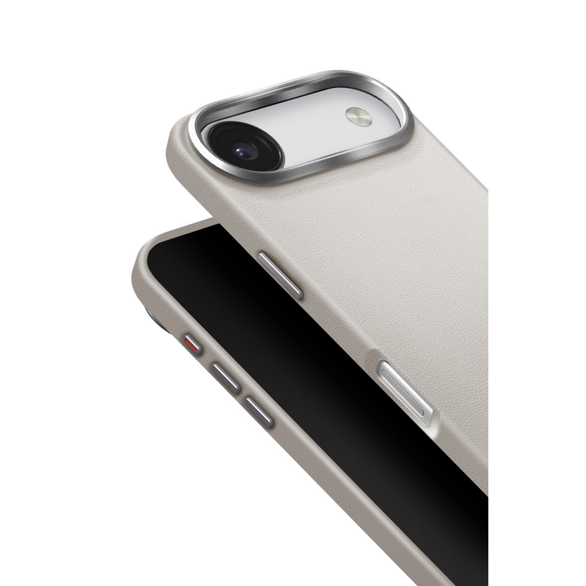 Deri kılıflı ve oval kamera modüllü beyaz akıllı telefonun arka tarafı.