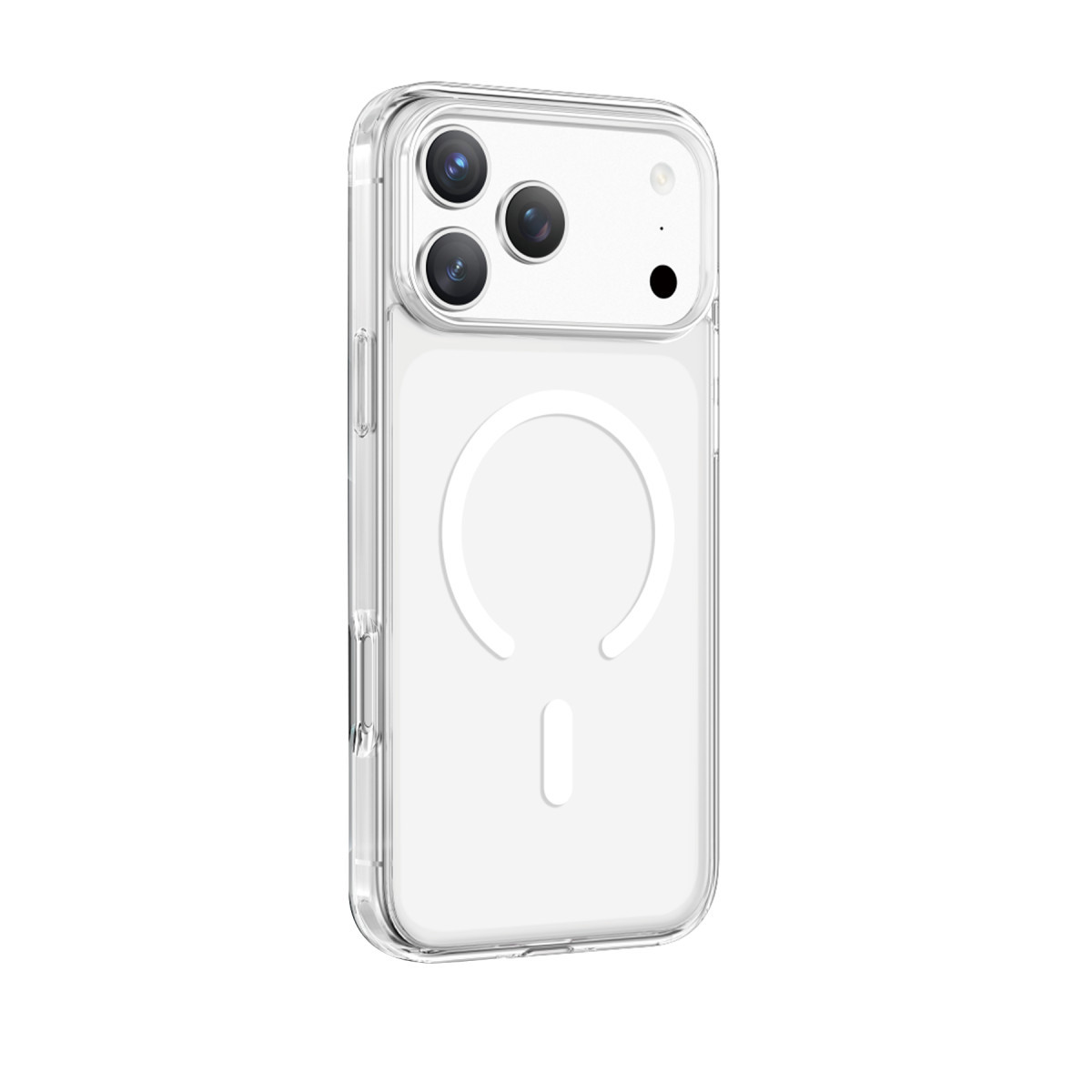 Beyaz arka planda MagSafe halkalı ve kamera kesikli şeffaf akıllı telefon kılıfı.