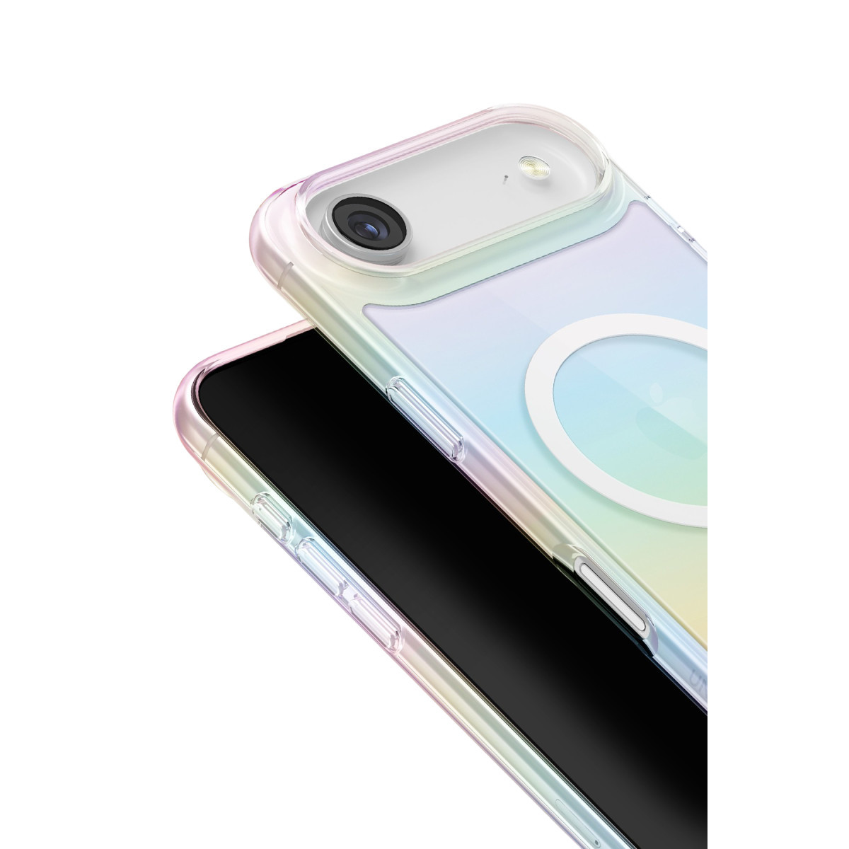 Arka planında beyaz olan, arkasında manyetik halka bulunan renkli, pastel tonlarında kılıflı bir akıllı telefon.