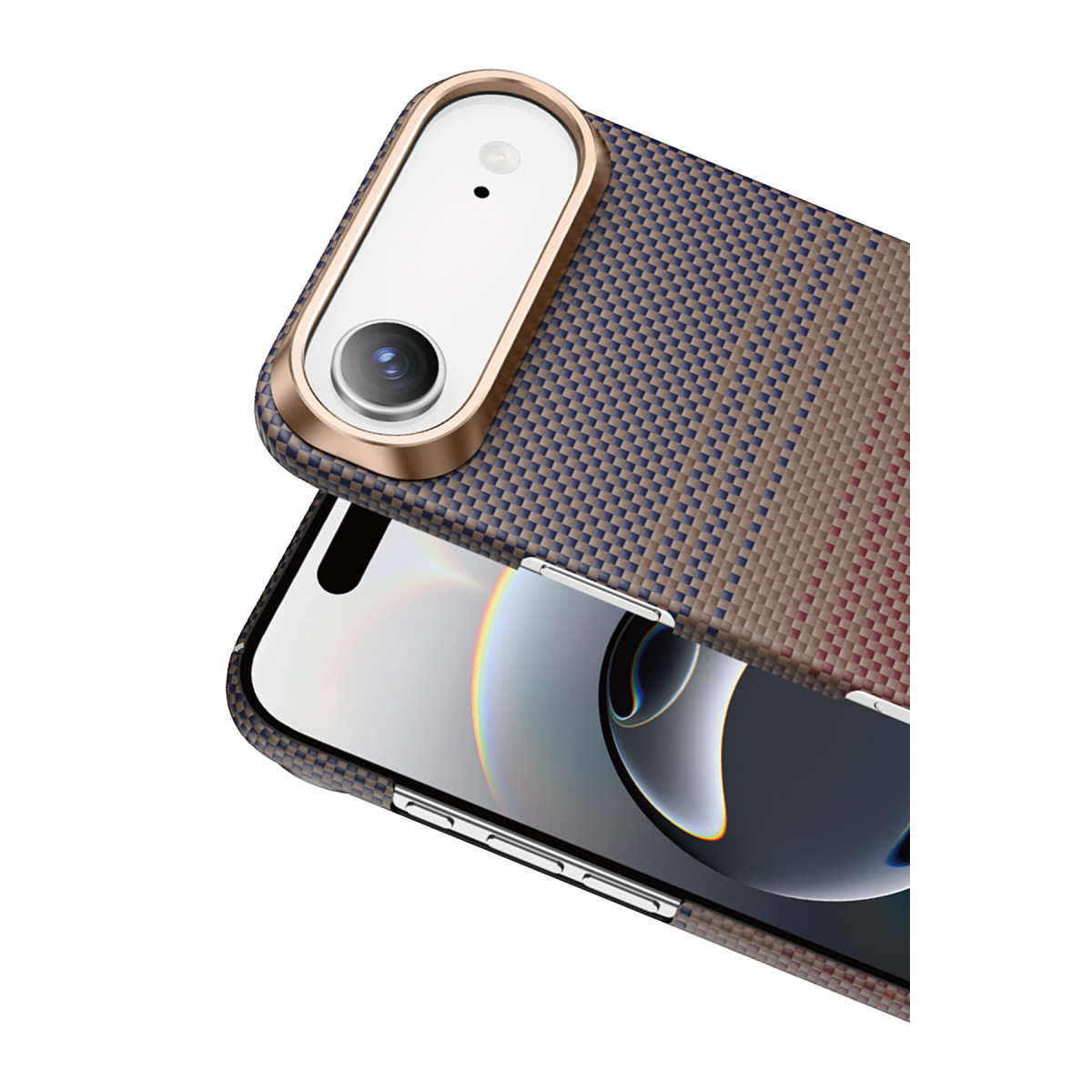 Dokulu kılıf içindeki akıllı telefon, oval kamera modülü ve ekranı vurgulanıyor.
