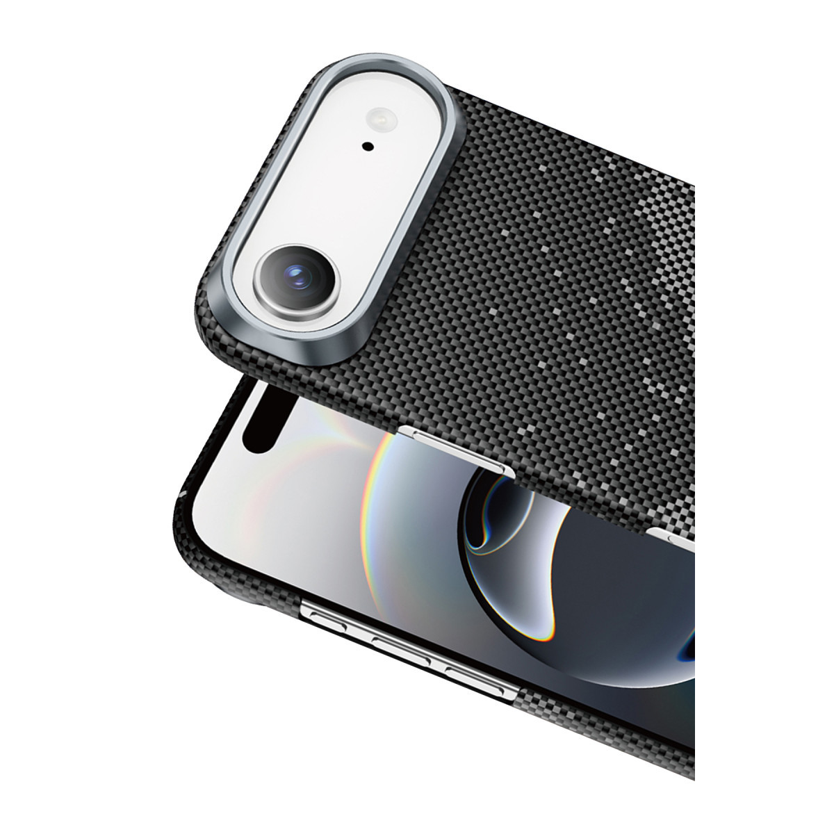 Siyah kareli koruyucu kılıfa ve oval kamera modülüne sahip bir akıllı telefon.