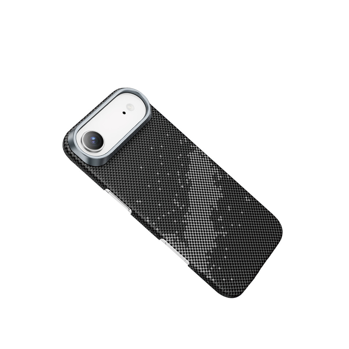 Beyaz arka planda karbon fiber koruyucu kılıf ve kameralı akıllı telefon.