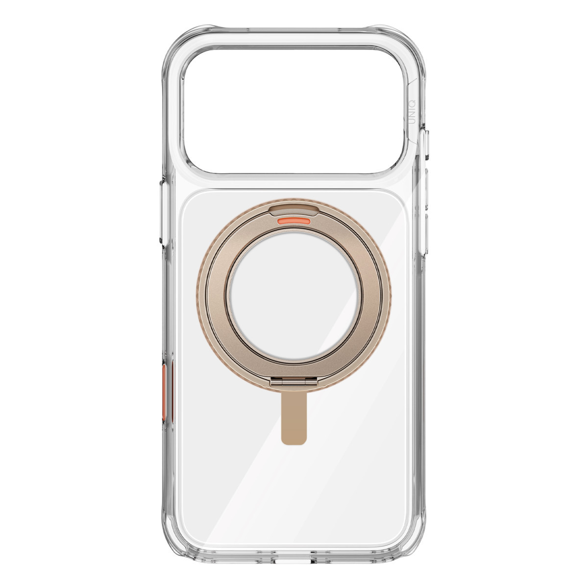 Arkasında gül rengi altın dairesel stand bulunan şeffaf telefon kılıfı.