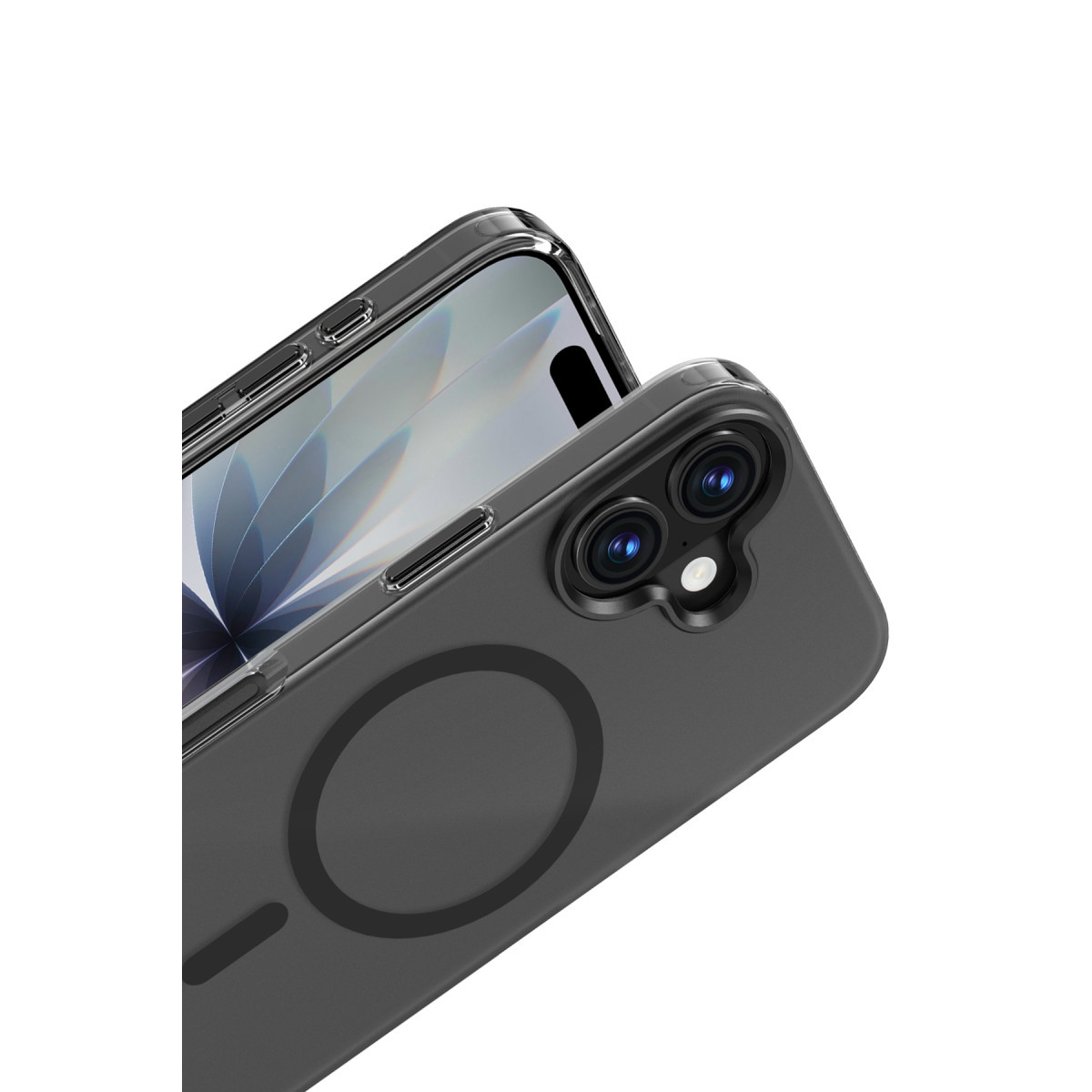 Arkada kamera modülü ve MagSafe halkası olan siyah kılıflı bir akıllı telefon.