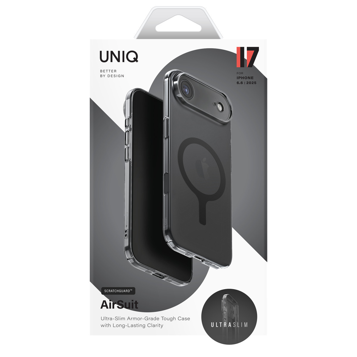 Marka adı ve ürün özelliklerini içeren şeffaf Uuniq AirSuit iPhone kılıfı ambalajı.