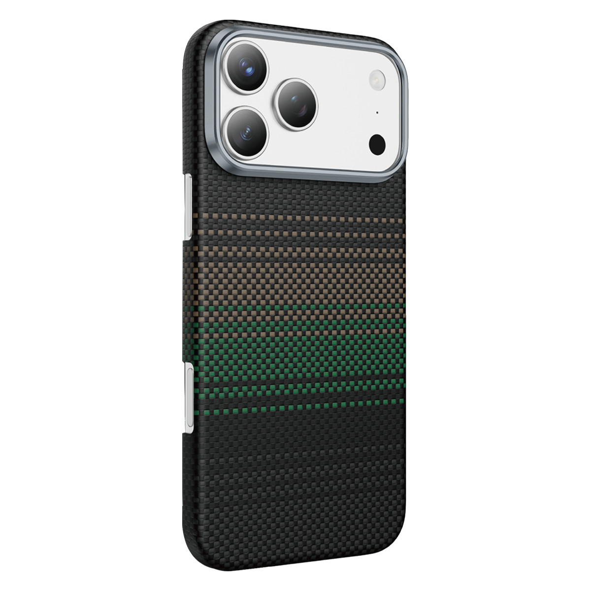 Karbon fiber dokulu, kahverengi ve yeşil şeritli, gümüş kamera çerçeveli siyah telefon kılıfı.