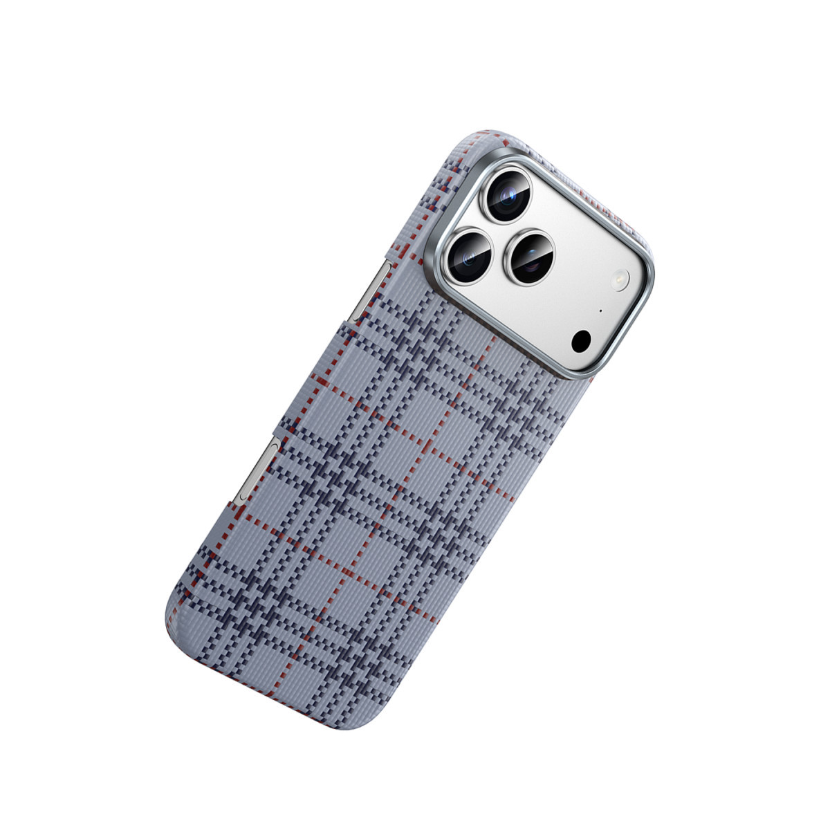 Ekose desenli gri koruyucu kılıf ve üçlü kamera modülüne sahip bir akıllı telefon.